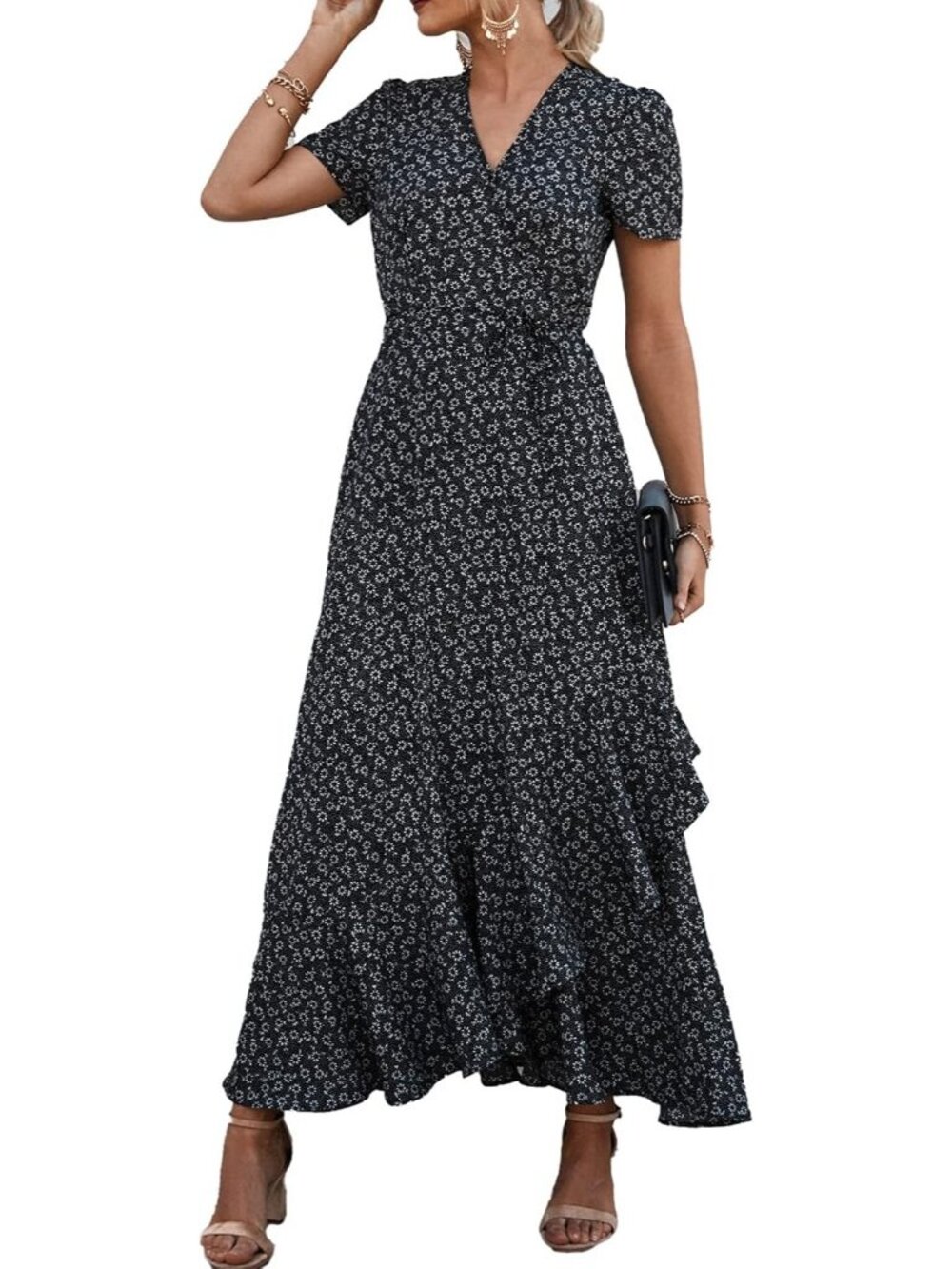 Women's Black V Neck Casual Short Sleeve Pull On Outfits Zipper Maxi Dresses